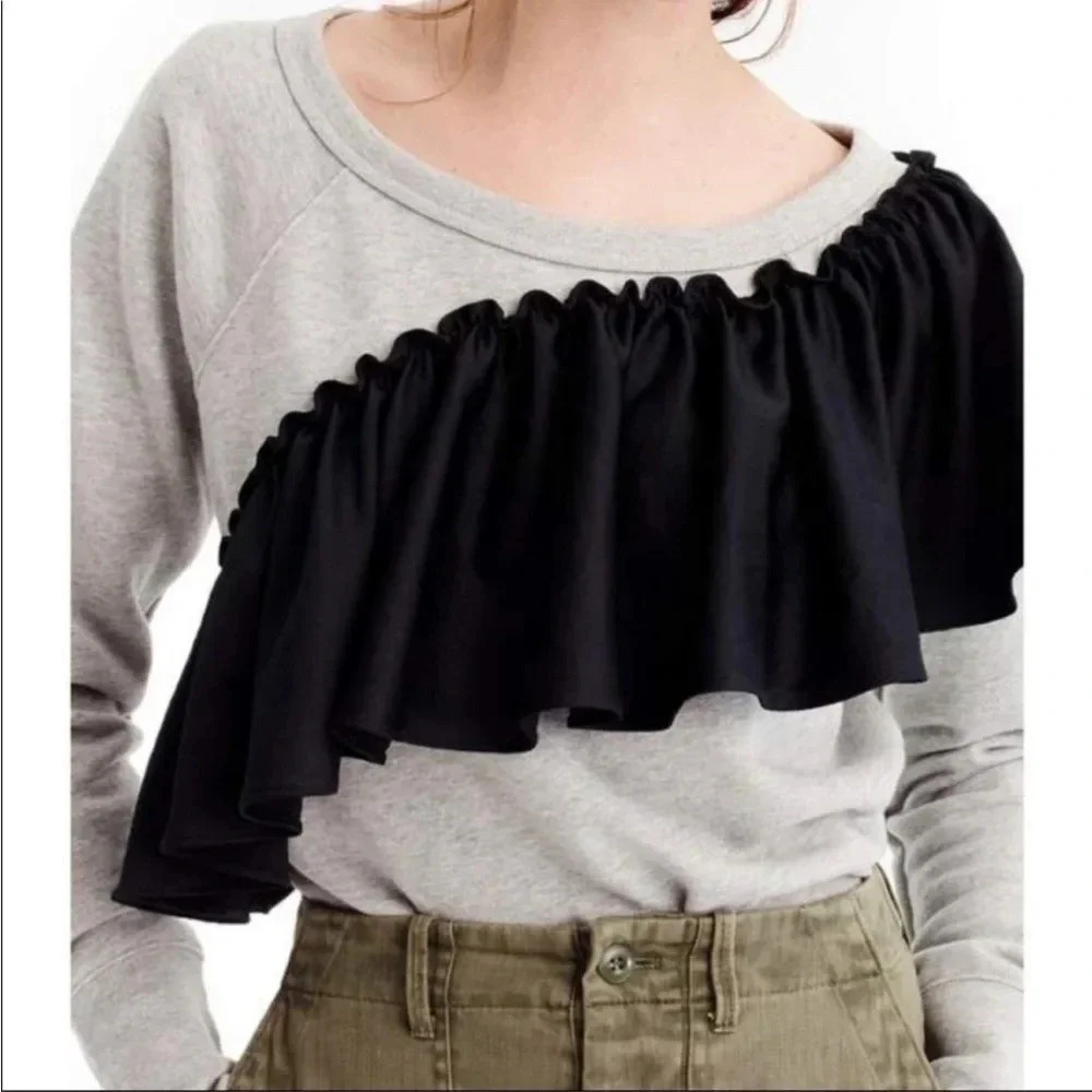 J.Crew asymmetrical ruffle pullover sweatshirt grey and black size: Small - Picture 6 of 8
